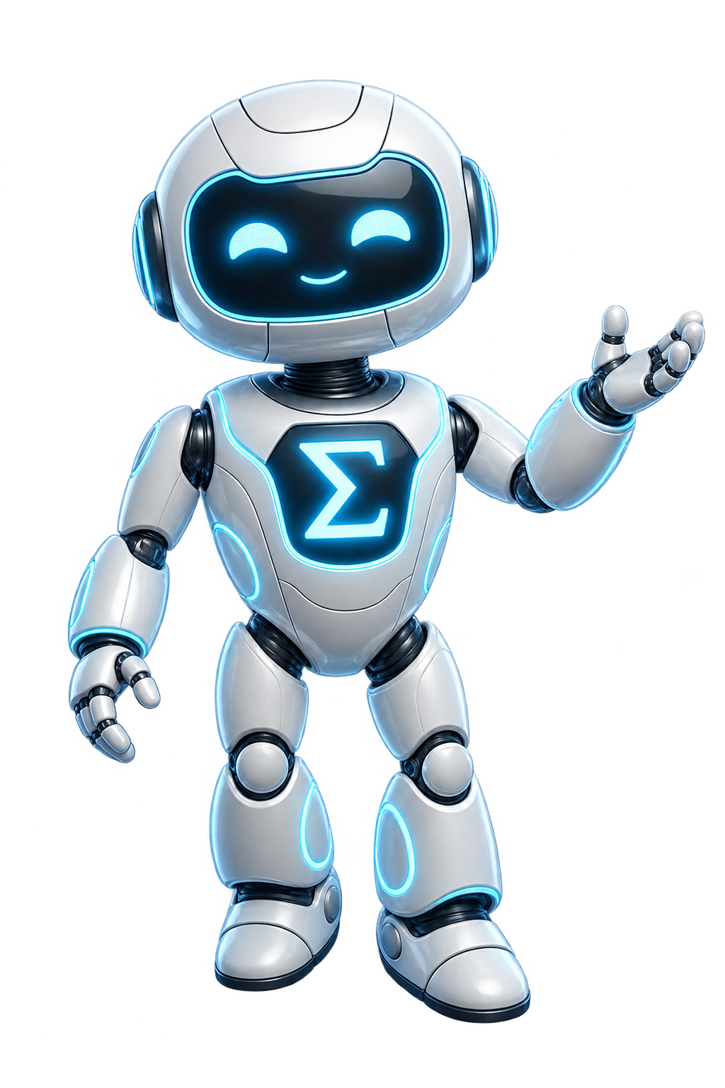 Mascote Sigma, robô branco com detalhes azuis